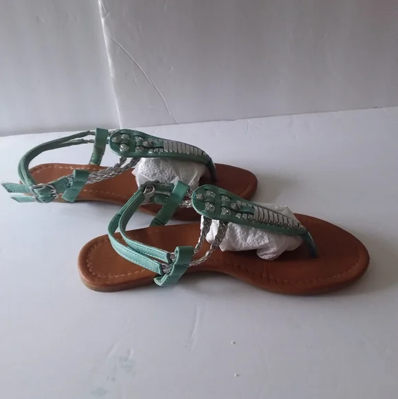 Aqua,Silver Slingback Sandals,Braided Double Silver/Aqua Straps/Buckles - Picture 8 of 10